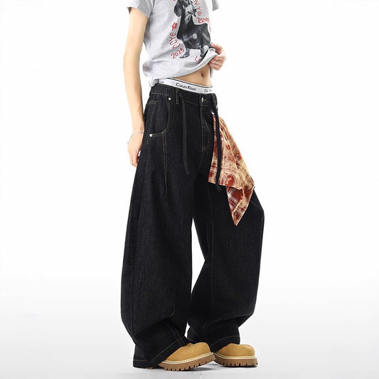 Plaid Baggy High Waist Zipper Jeans for Men and Women – Loose Wide Leg Oversized Pants