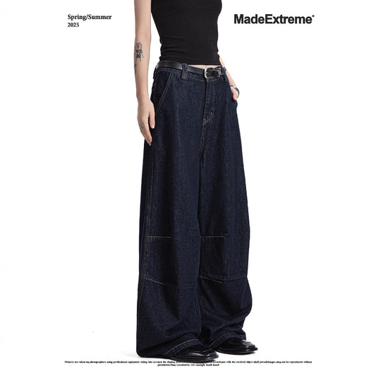 Jeans with Double Knee Tucks Vintage Baggy Deep Blue Denim Pants for Men and Women