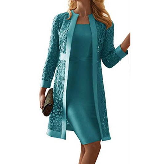 Women's color lace cardigan dress with two coats