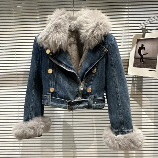 Women Denim Coat Winer New Fox Fur Collar Rabbit Inner Metal Buckle Zipper Belt High Waist Warm Short Jean Jacket
