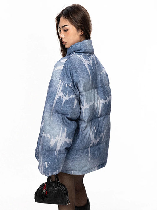 Imitation Jean Printed Cotton Padded Coat Fashion Women Stand Collar Zipper Loose Down Jacket Autumn New