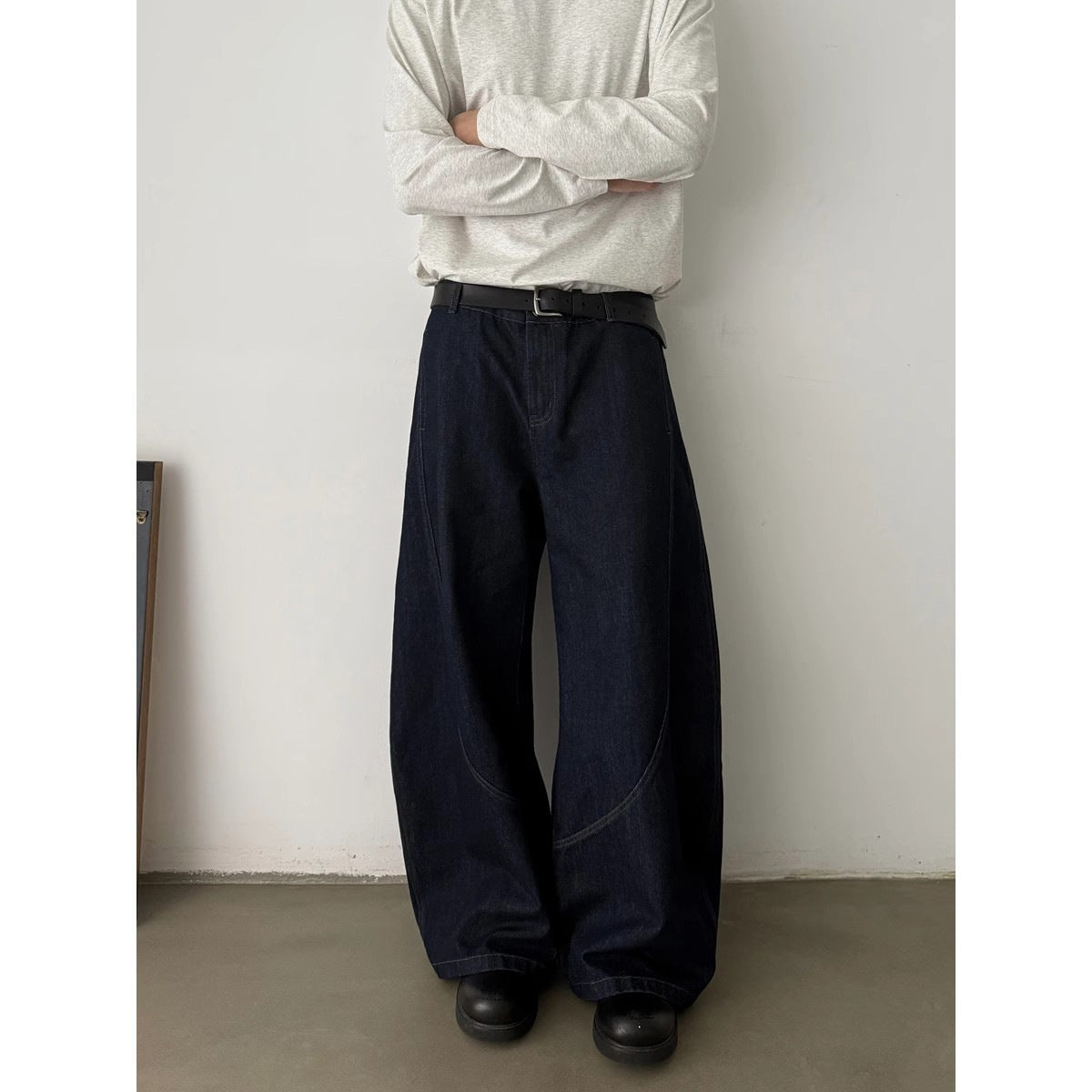 Denim Blue Knife Cut Jeans Men'sTrendy Style Baggy Wide Leg Pants Loose Cool Casual Trousers for Men