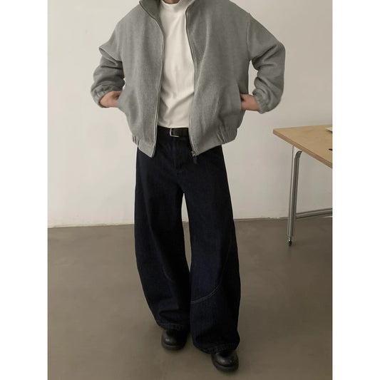 Denim Blue Knife Cut Jeans Men'sTrendy Style Baggy Wide Leg Pants Loose Cool Casual Trousers for Men