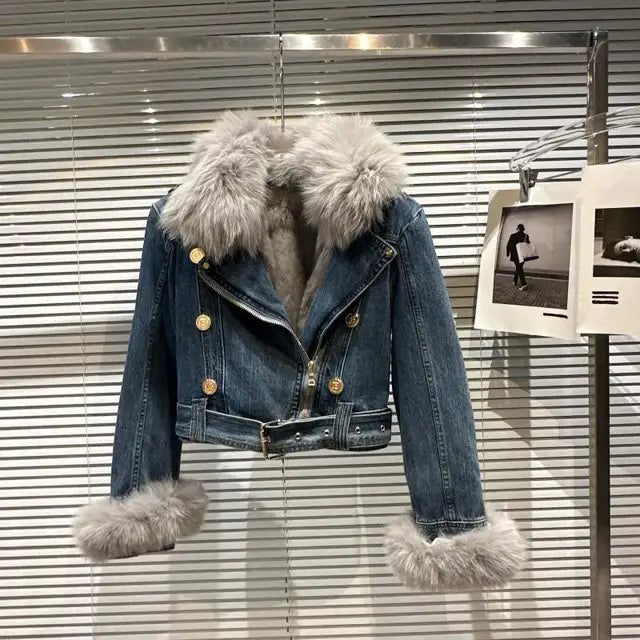 Women Denim Coat Winer New Fox Fur Collar Rabbit Inner Metal Buckle Zipper Belt High Waist Warm Short Jean Jacket
