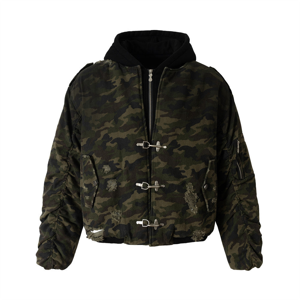 Broken hole hooded fake two coats