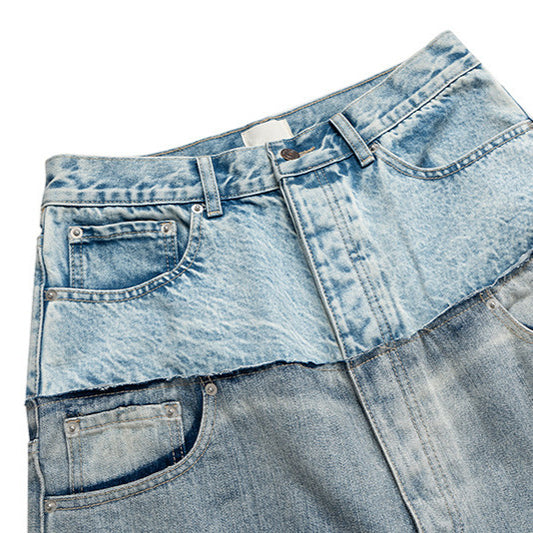 American High Street Design Double Layer Spliced Baggy Denim Trousers Loose Wide Leg Straight Jeans for Men