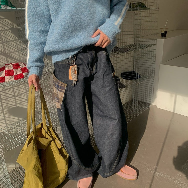 Style Unique Design Plaid Patchwork Denim Pants Men Baggy Loose Washed Straight Leg Wide Leg Pants