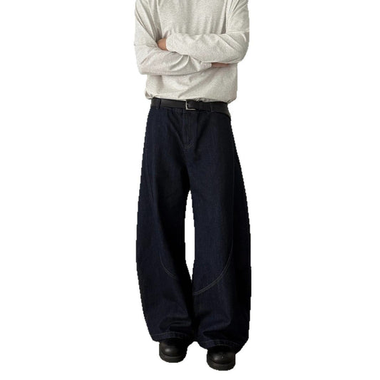 Denim Blue Knife Cut Jeans Men'sTrendy Style Baggy Wide Leg Pants Loose Cool Casual Trousers for Men