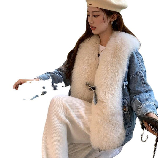 Winter Women's Down Jackets Warm Denim Coat Big Fur Collar Parkas Fashion Jean Jacket Female Streetwear Overcoat