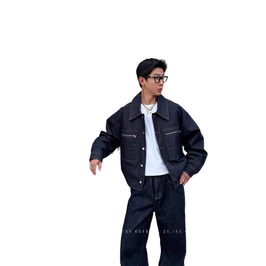 Retro Denim Raw Selvage Zipper Pocket Jean Jacket Men Short Loose Workwear Coat