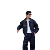 Retro Denim Raw Selvage Zipper Pocket Jean Jacket Men Short Loose Workwear Coat