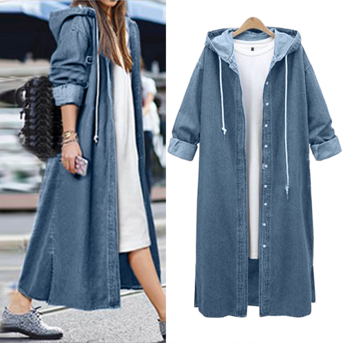Hooded Outwear Denim Coat For Women Winter Clothes Women Long Overcoat Jacket Coat Jean Sleeve Women's Blouse Veste Femme