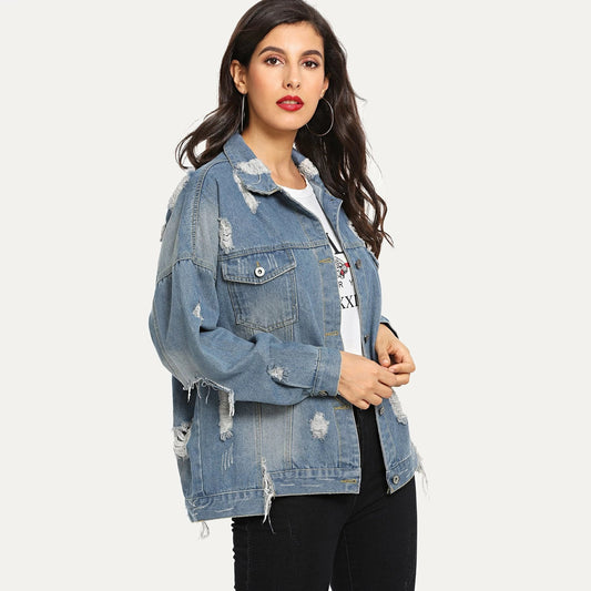 Basic Coat Bombers Vintage Fabric Patchwork Denim Jacket Women Cowboy Jeans  Autumn Frayed Ripped Hole Jean Jacket