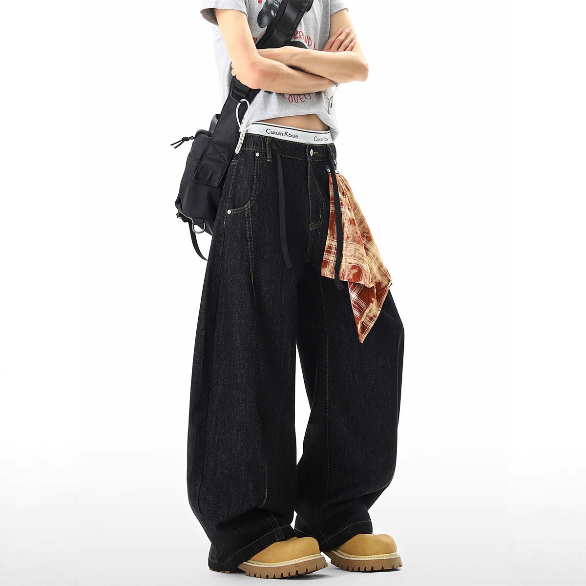 Plaid Baggy High Waist Zipper Jeans for Men and Women &ndash; Loose Wide Leg Oversized Pants