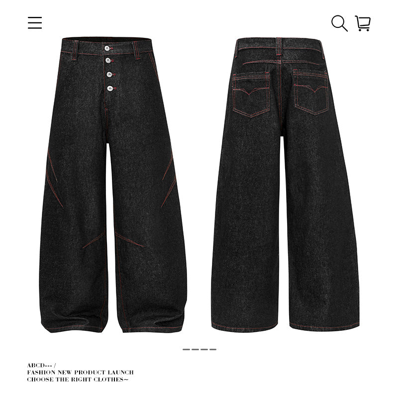 Baggy American Retro High Street Deconstructed Straight Leg Jeans Men Autumn Casual Loose Wide Leg Pants