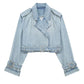 Women's Spring Denim Jackets Long Sleeve Crop Top Jacket With Belt Cropped Jean Jacket For Women