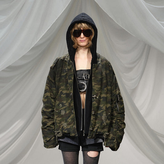 Broken hole hooded fake two coats
