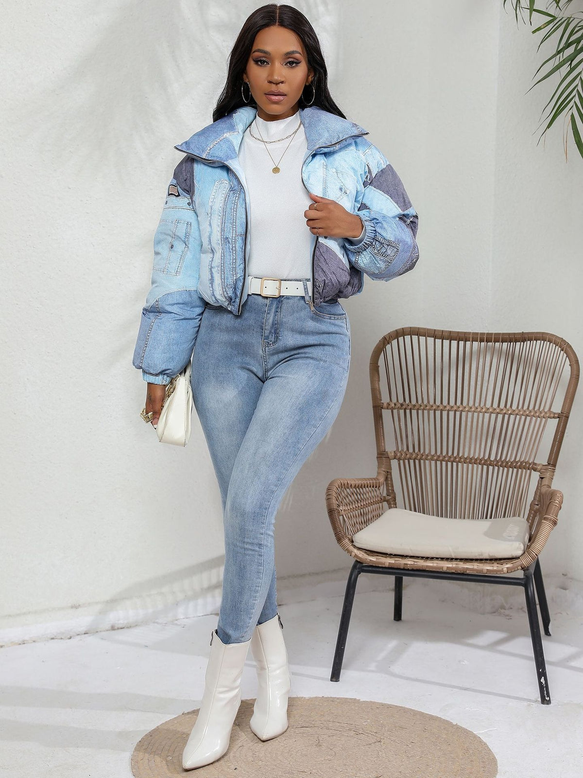 Women Fake Jean Printed Long Sleeve Zipper Fly Stand Collar Parkas Jackets  Autumn Winter Keep Warm Outcoats Jacket