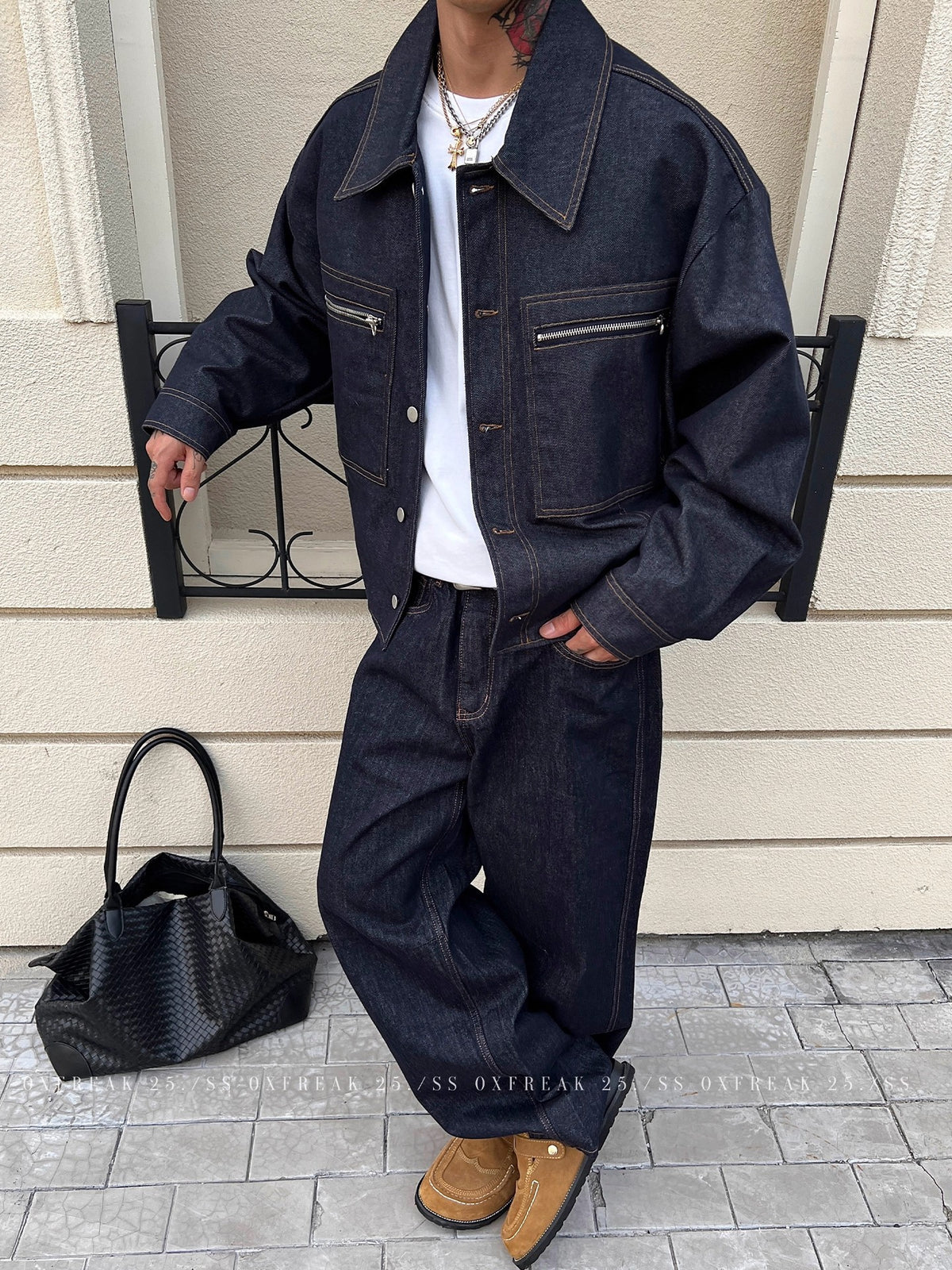 Retro Denim Raw Selvage Zipper Pocket Jean Jacket Men Short Loose Workwear Coat