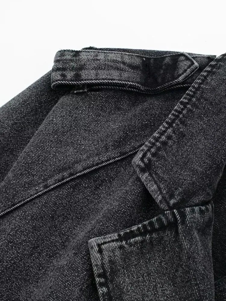Woman Cropped Denim Jacket  Autumn Women With Belt Jean Jackets for Women Long Sleeve Bomber Streetwear Coats