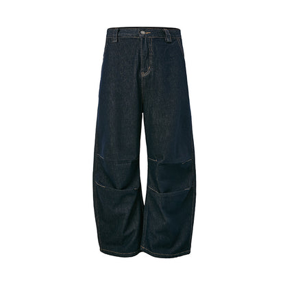 Jeans with Double Knee Tucks Vintage Baggy Deep Blue Denim Pants for Men and Women