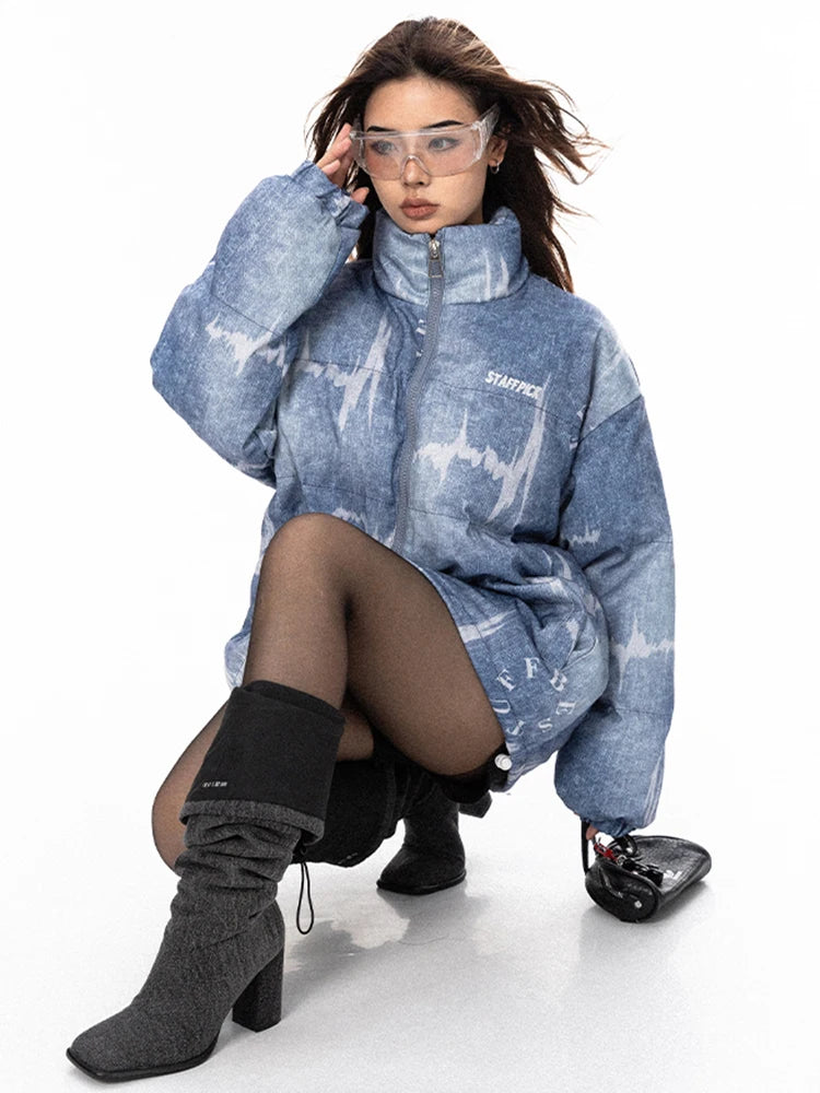 Imitation Jean Printed Cotton Padded Coat Fashion Women Stand Collar Zipper Loose Down Jacket Autumn  New