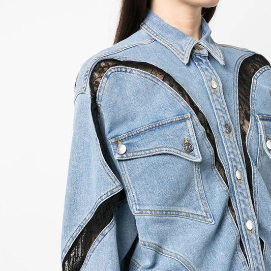 Streetwear Style Loose Fashion Trend Women's Clothing Long Sleeve Jean Jacket Lace Panel Design Denim Coats