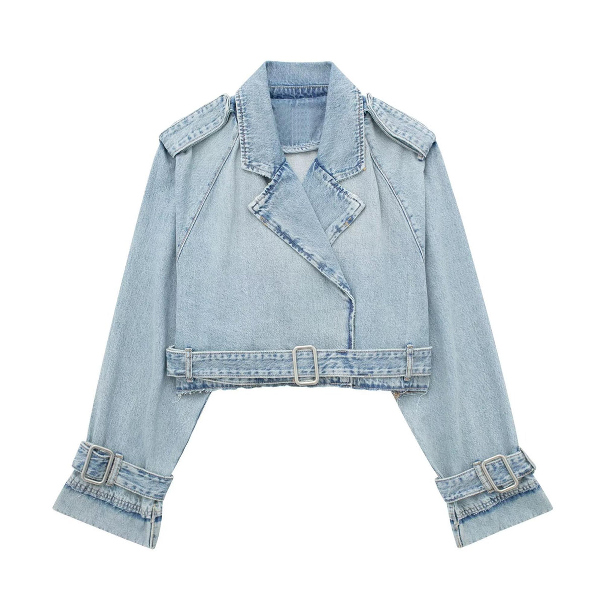 Women's Spring Denim Jackets Long Sleeve Crop Top Jacket With Belt Cropped Jean Jacket For Women