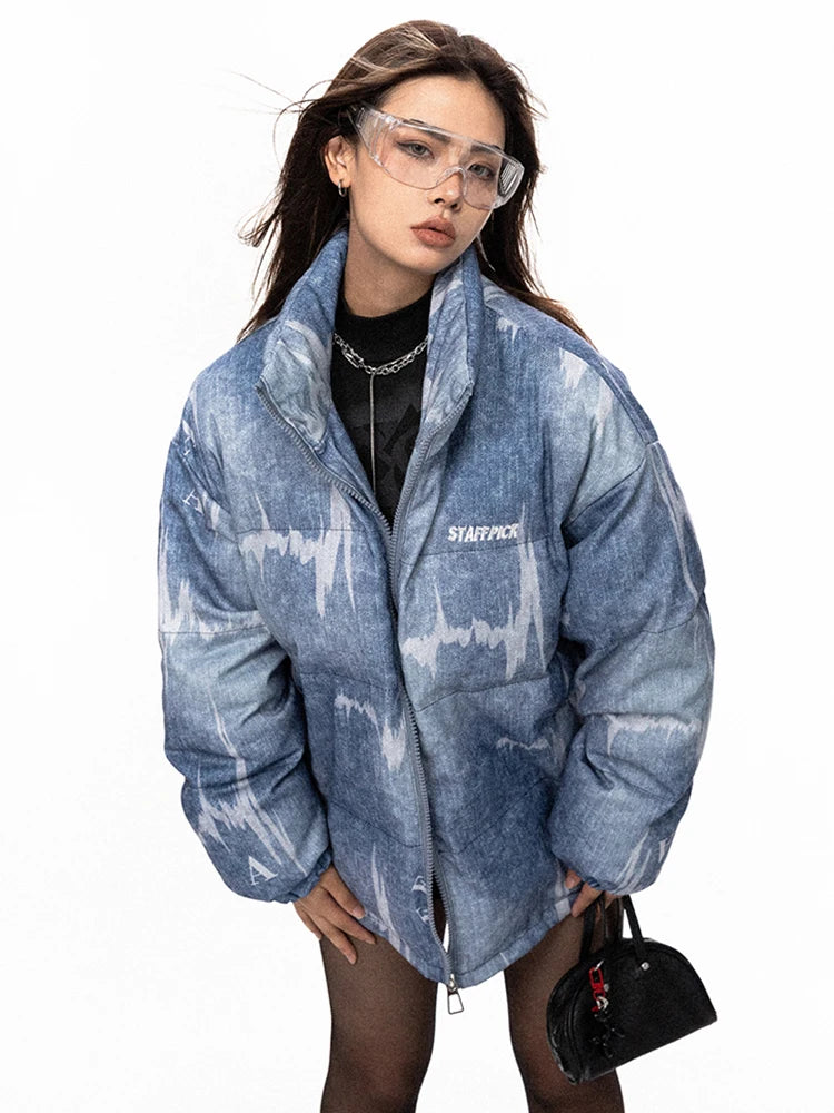 Imitation Jean Printed Cotton Padded Coat Fashion Women Stand Collar Zipper Loose Down Jacket Autumn  New