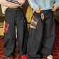 Style Unique Design Plaid Patchwork Denim Pants Men Baggy Loose Washed Straight Leg Wide Leg Pants