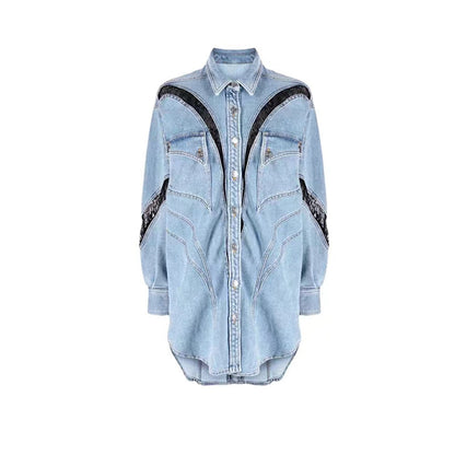 Streetwear Style Loose Fashion Trend Women's Clothing Long Sleeve Jean Jacket Lace Panel Design Denim Coats