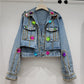 Heavy Handmade Design Rhinestone Beaded Slimming All-Matching Short Denim Jacket Women Jean Jacket Trendy Fall New Clothes