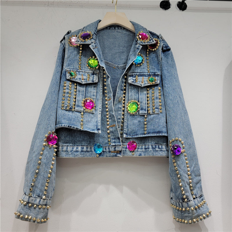 Heavy Handmade Design Rhinestone Beaded Slimming All-Matching Short Denim Jacket Women Jean Jacket Trendy Fall New Clothes
