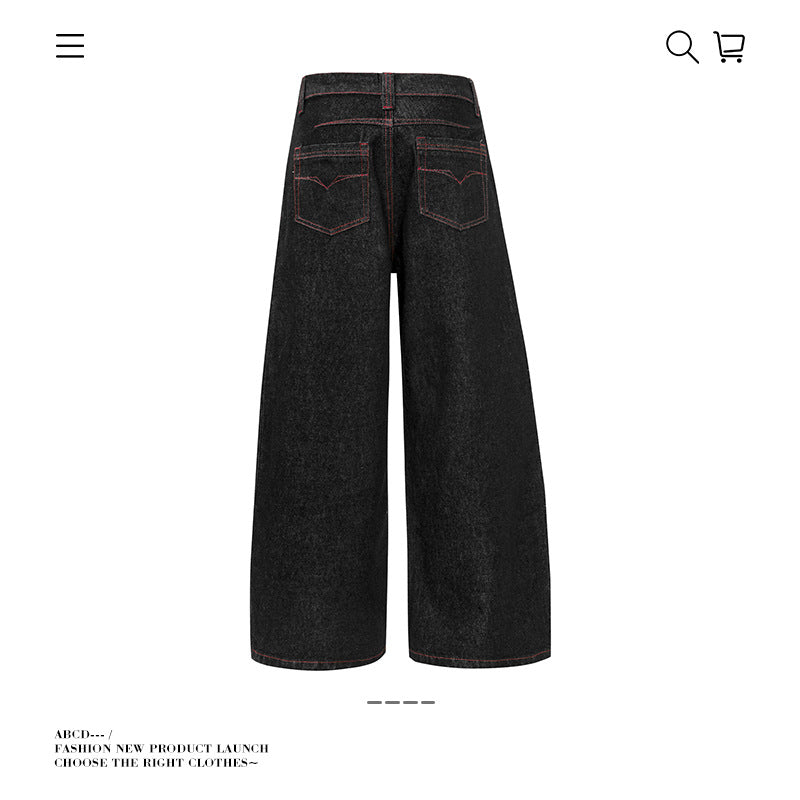 Baggy American Retro High Street Deconstructed Straight Leg Jeans Men Autumn Casual Loose Wide Leg Pants