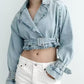 Women's Spring Denim Jackets Long Sleeve Crop Top Jacket With Belt Cropped Jean Jacket For Women