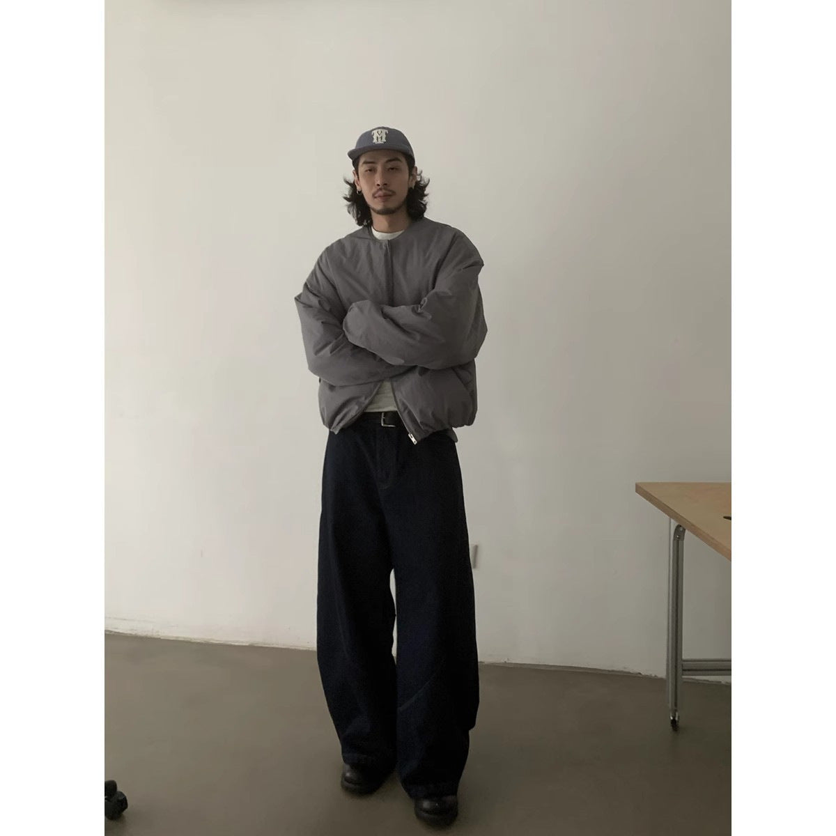 Denim Blue Knife Cut Jeans Men'sTrendy  Style Baggy Wide Leg Pants Loose Cool Casual Trousers for Men