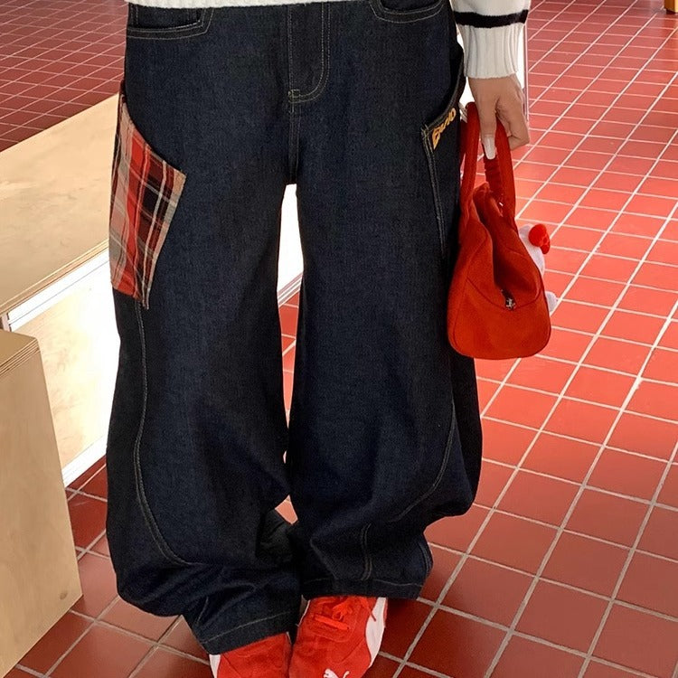 Style Unique Design Plaid Patchwork Denim Pants Men Baggy Loose Washed Straight Leg Wide Leg Pants
