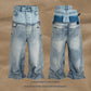 American High Street Design Double Layer Spliced Baggy Denim Trousers Loose Wide Leg Straight Jeans for Men