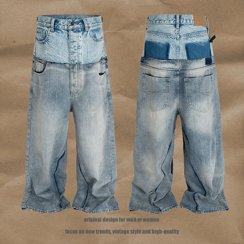 American High Street Design Double Layer Spliced Baggy Denim Trousers Loose Wide Leg Straight Jeans for Men