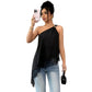 Slanted shoulder metal buckle lace patchwork irregular loose vest for women