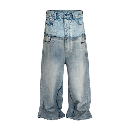 American High Street Design Double Layer Spliced Baggy Denim Trousers Loose Wide Leg Straight Jeans for Men