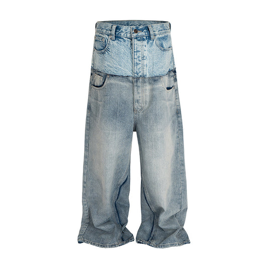 American High Street Design Double Layer Spliced Baggy Denim Trousers Loose Wide Leg Straight Jeans for Men