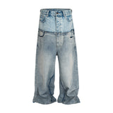 American High Street Design Double Layer Spliced Baggy Denim Trousers Loose Wide Leg Straight Jeans for Men