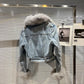 Women Denim Coat  Winer New Fox Fur Collar Rabbit Inner Metal Buckle Zipper Belt High Waist Warm Short Jean Jacket