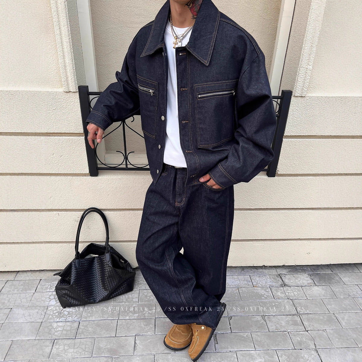 Retro Denim Raw Selvage Zipper Pocket Jean Jacket Men Short Loose Workwear Coat