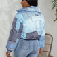 Women Fake Jean Printed Long Sleeve Zipper Fly Stand Collar Parkas Jackets  Autumn Winter Keep Warm Outcoats Jacket