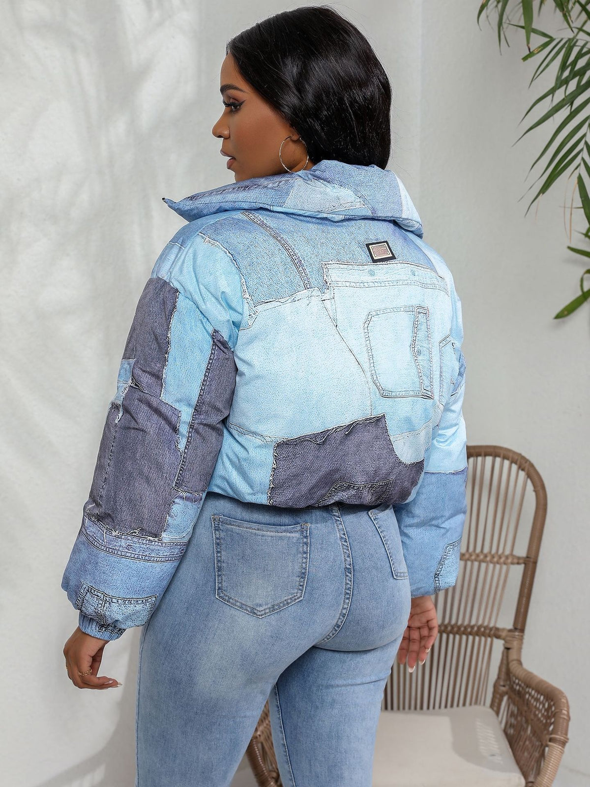 Women Fake Jean Printed Long Sleeve Zipper Fly Stand Collar Parkas Jackets  Autumn Winter Keep Warm Outcoats Jacket