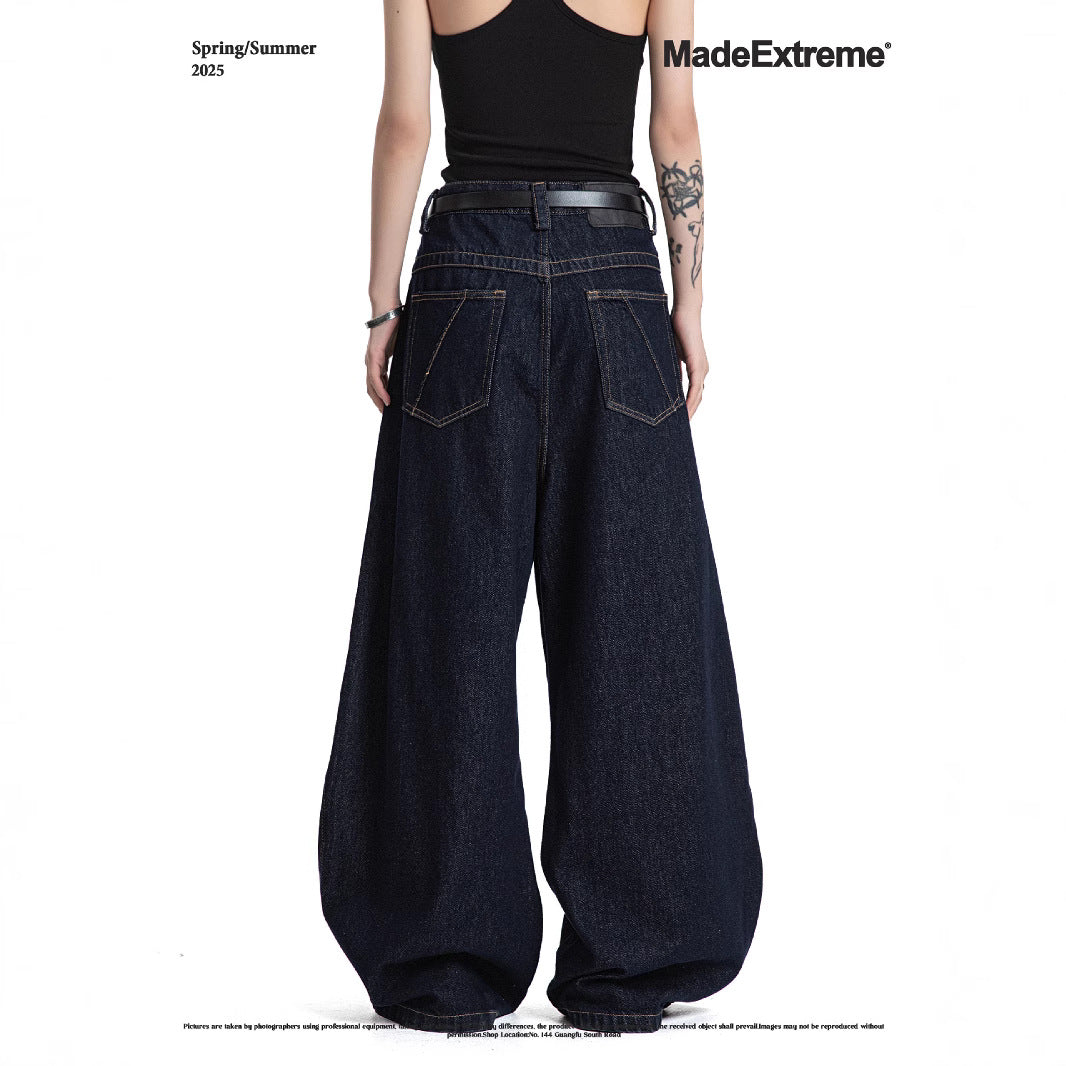 Jeans with Double Knee Tucks Vintage Baggy Deep Blue Denim Pants for Men and Women