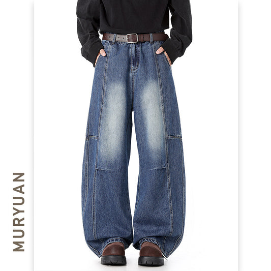 Pleated Baggy Wide-Leg Tapered Denim Pants for Men
