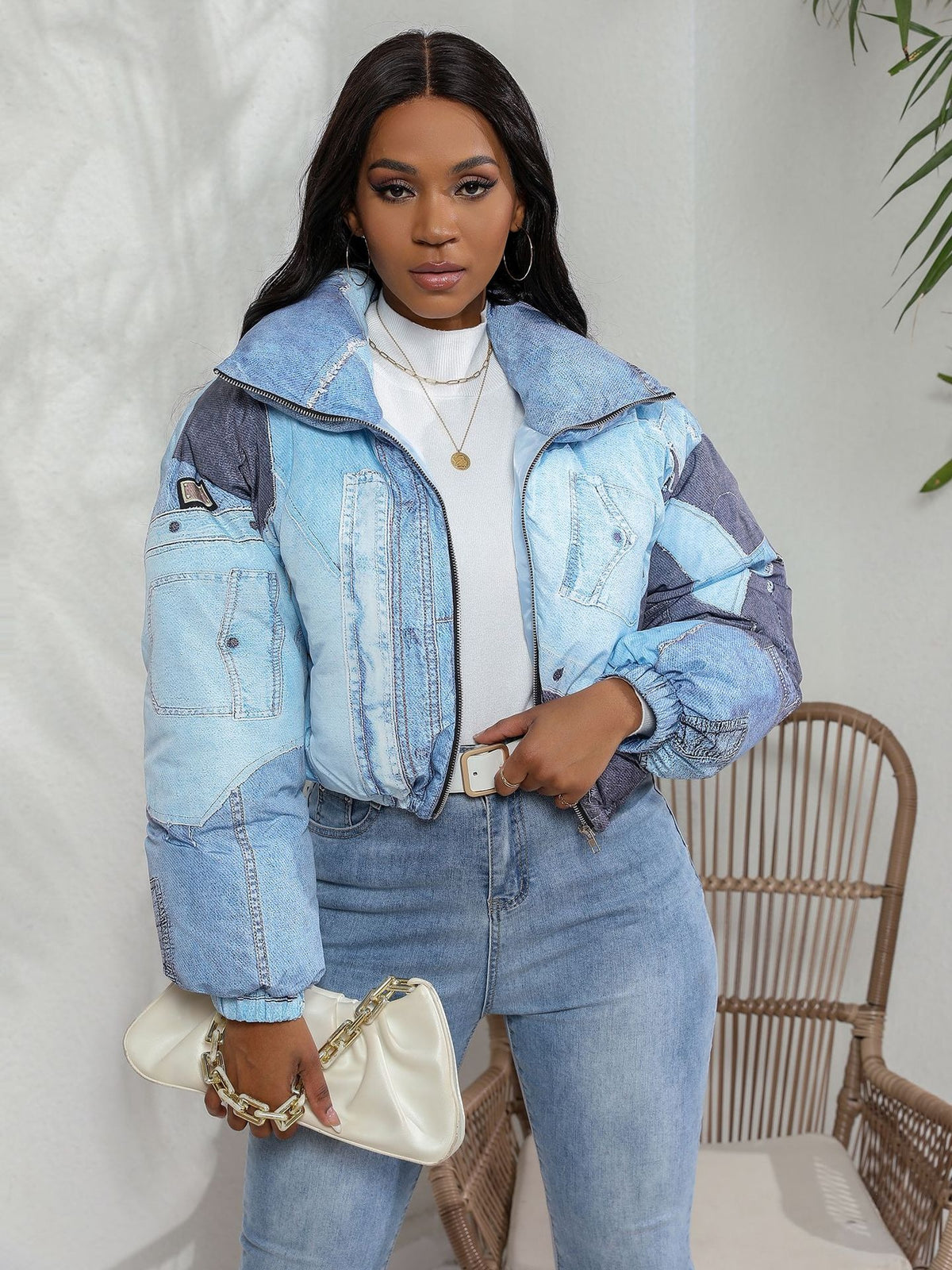 Women Fake Jean Printed Long Sleeve Zipper Fly Stand Collar Parkas Jackets  Autumn Winter Keep Warm Outcoats Jacket